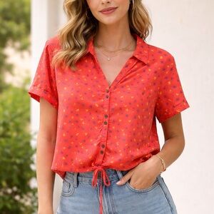 KÜHL Orange Floral Button-Up Shirt Drawstring Hem Short Sleeve Hiking Outdoors